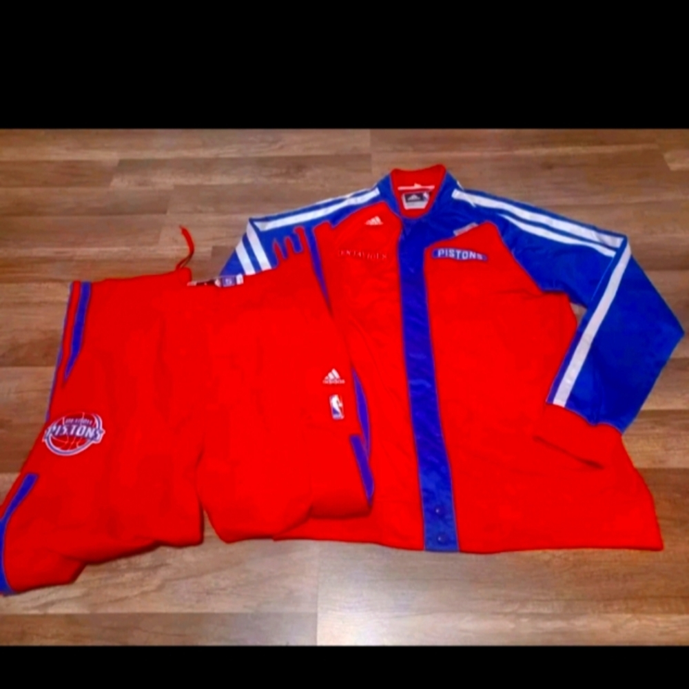 Game WORN!!! Kataivios Calwell Pope!! Adidas Red and Blue Pistons Tracksuit